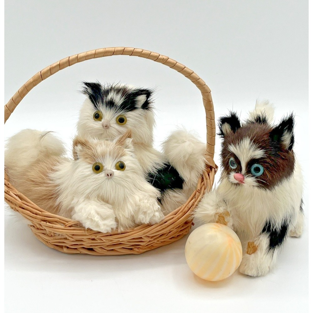 Vintage Fur Kittens Cat Basket Set of 3 Cat Figurines Retro Decor